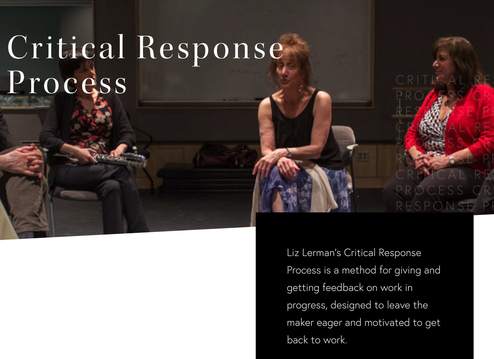 A screencap from the image at the top of the Liz Lerman Critical Response Process webpage which shows Liz Lerman leading a workshop