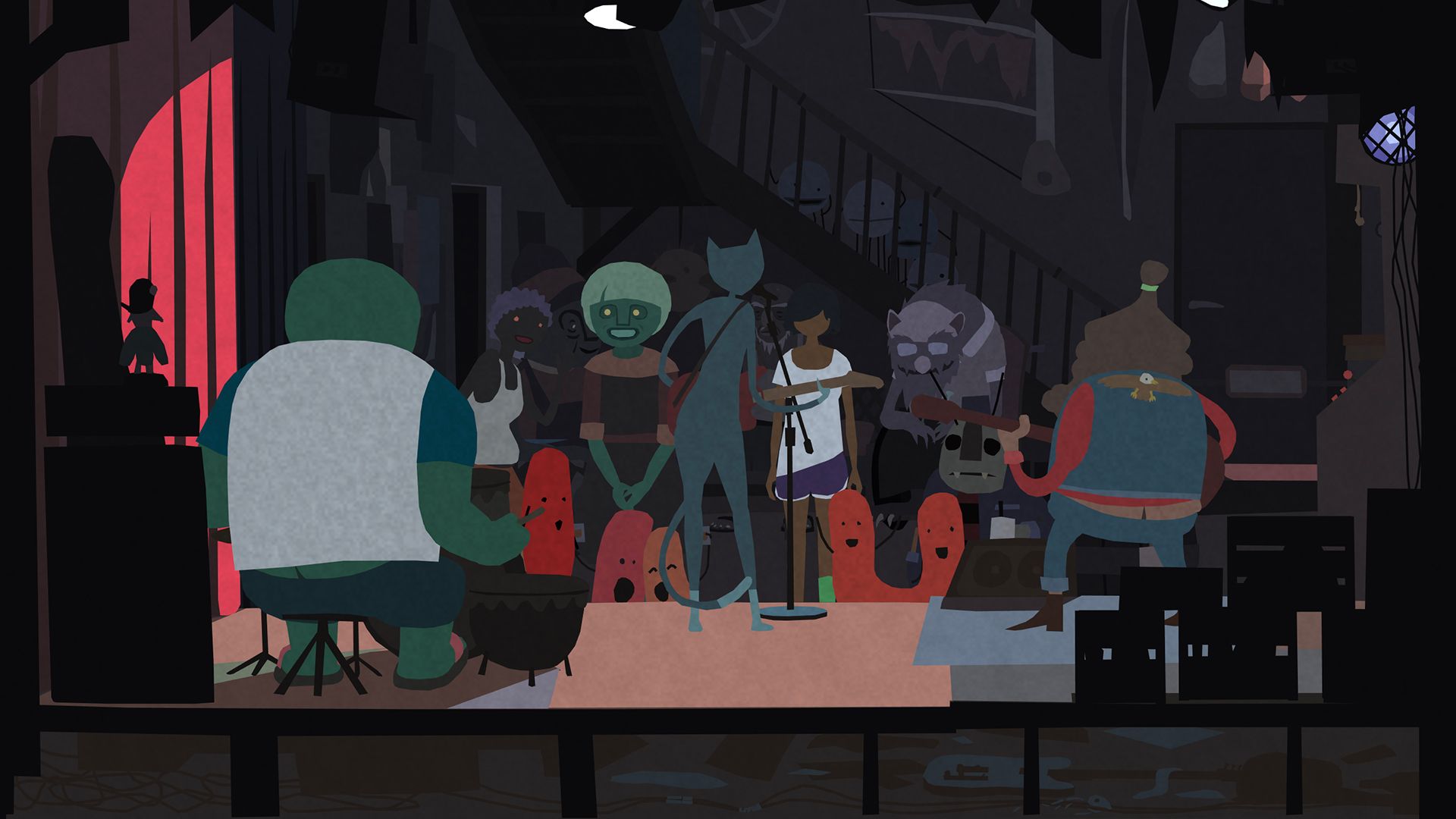 A screenshot from Mutazione which shows a number of characters gathered around a band as they play rock music