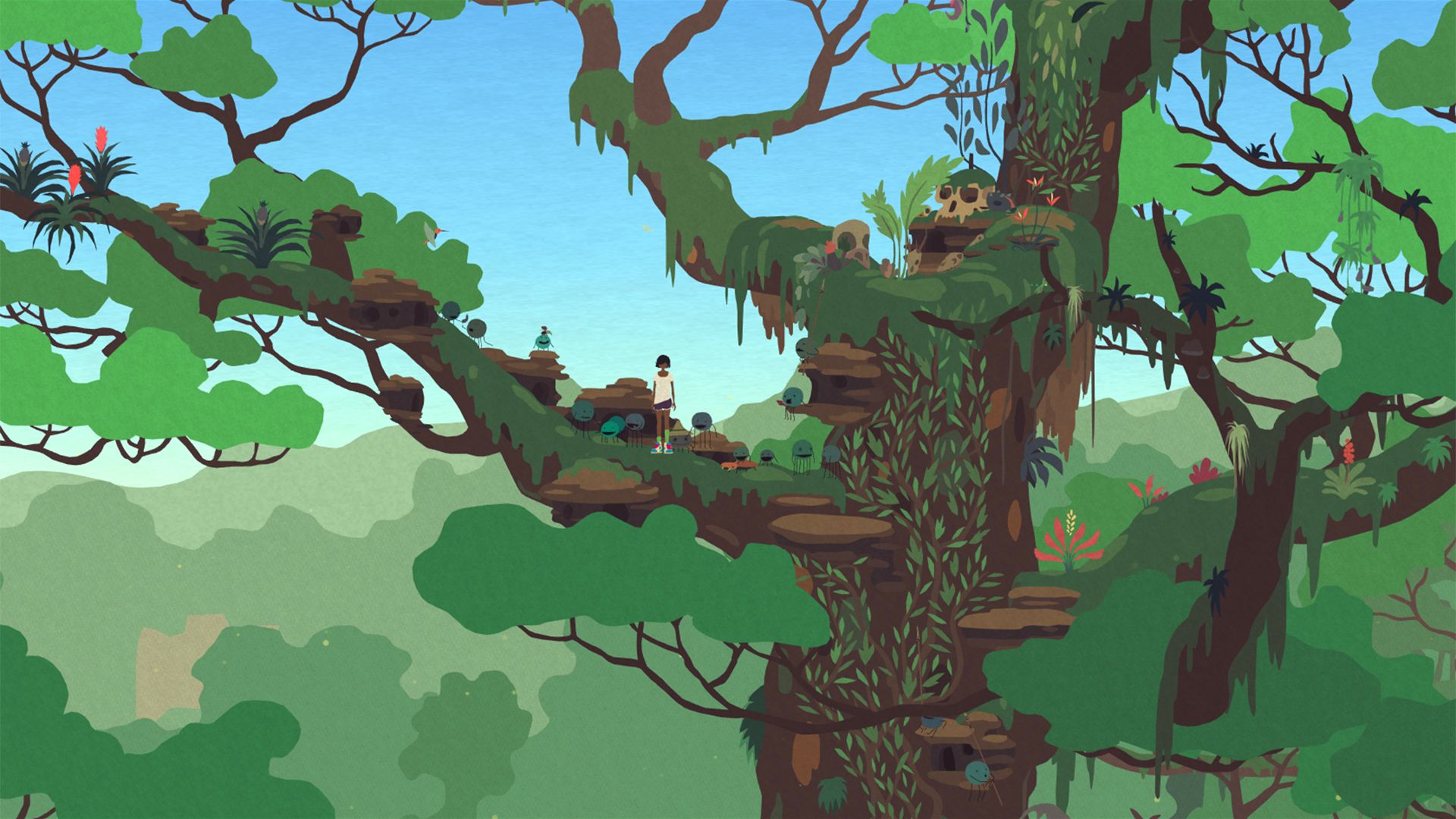 A screenshot from Mutazione which shows Kai - in purple shorts, white tee, with brown skin, and short black hair - standing in a lush green tree top with a number of small round creatures.