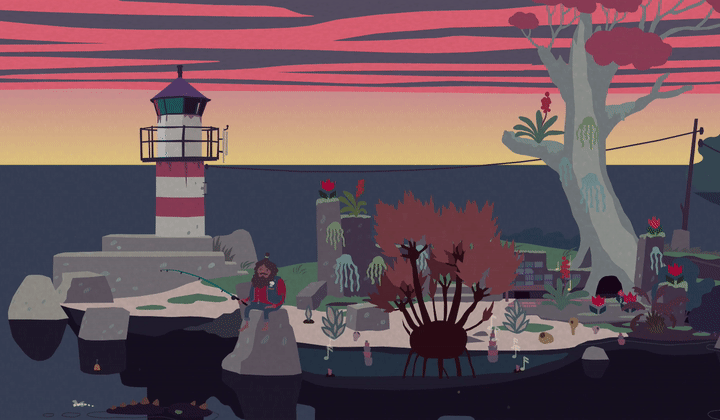 A gif of a garden in the game - the beach garden plays musical notes into the air as Spike sits and fishes, a sunset and the lighthouse stand behind him.