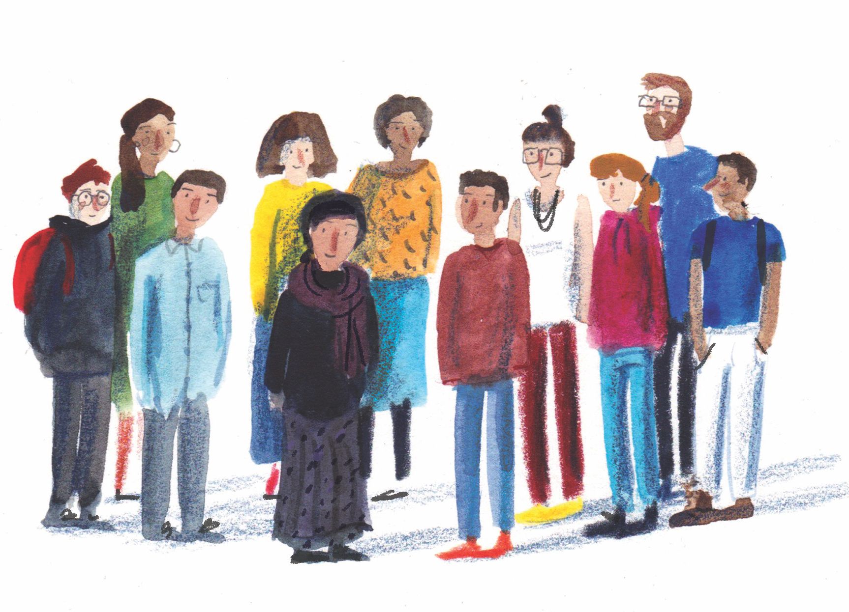 A group of people in modern dress - of various ages, genders, ethnicities - stand together. Illustrated in a rough style with pencil and watercolour