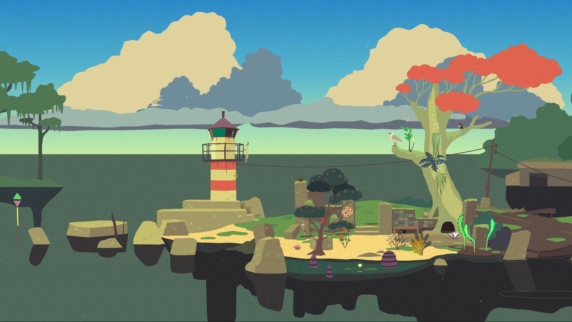 A screen shot from Mutazione - a pier with a run-down lighthouse, a beach, and a tall red-leaved tree. The time of day is early evening, and the beach holds a sandy garden, some plants growing in the water, others on the walls, tree, and sandy soil.