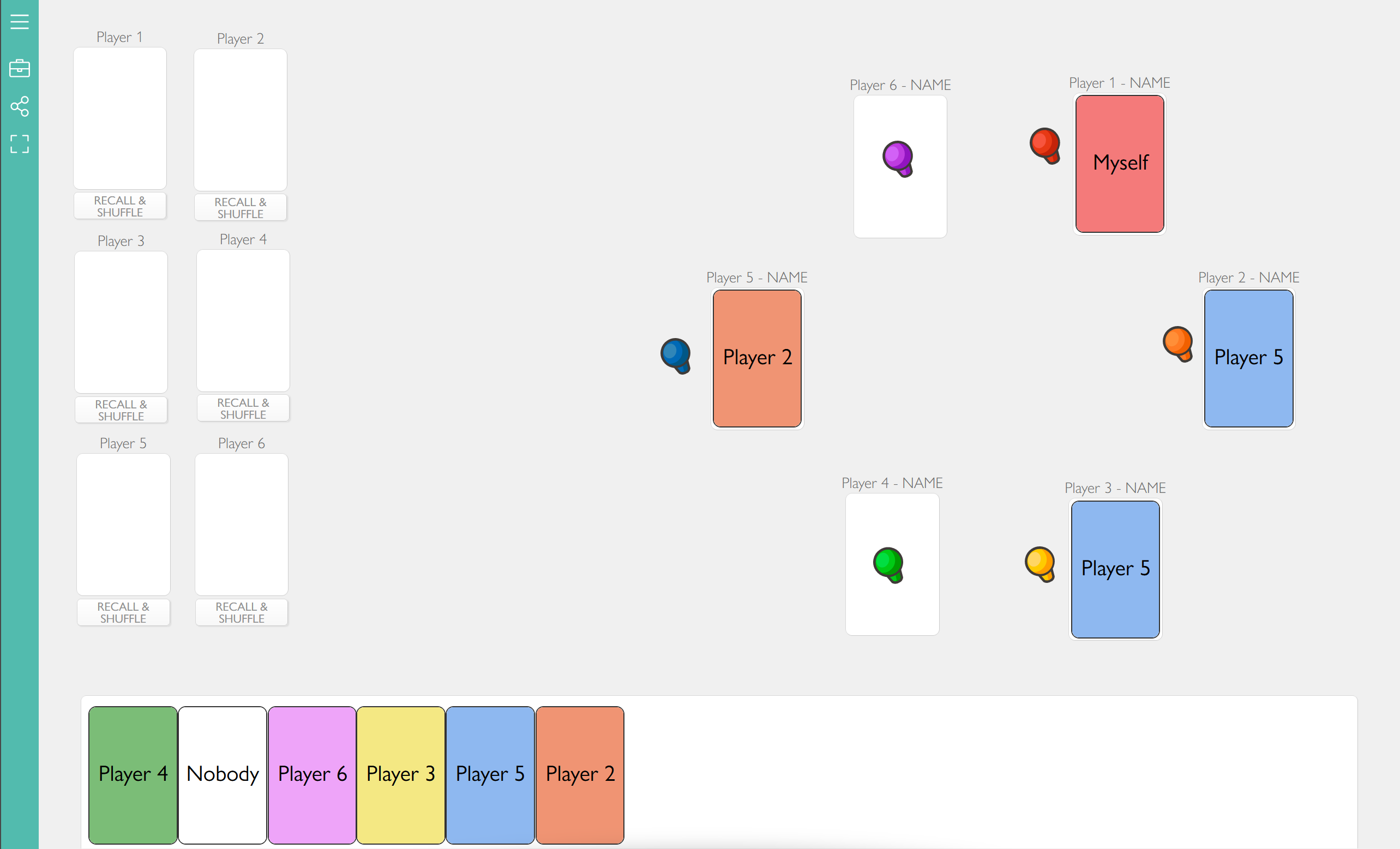 A screenshot of a virtual card table. Four players use colored cards to target each other, as they would in the playground game Standoff.