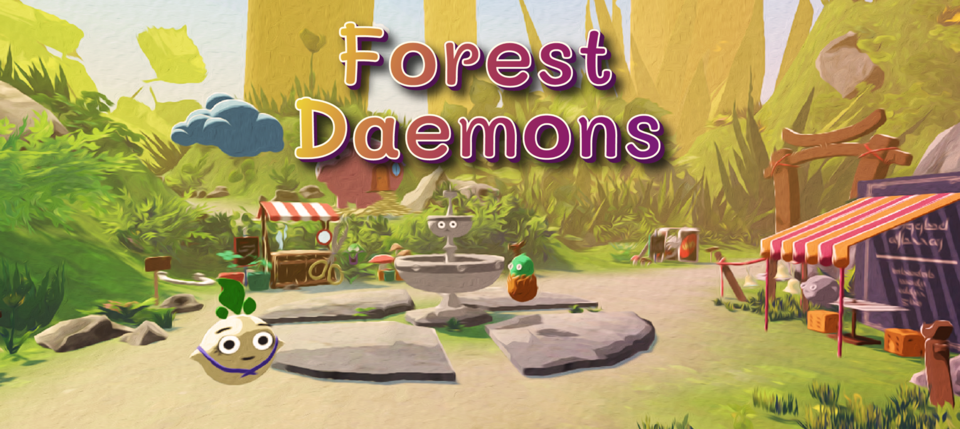 A screenshot of one of Daria's student projects, which she collaborated on with Alexandra. 'Forest Daemons' is the title, and it shows a small forest scene with cute floating characters.