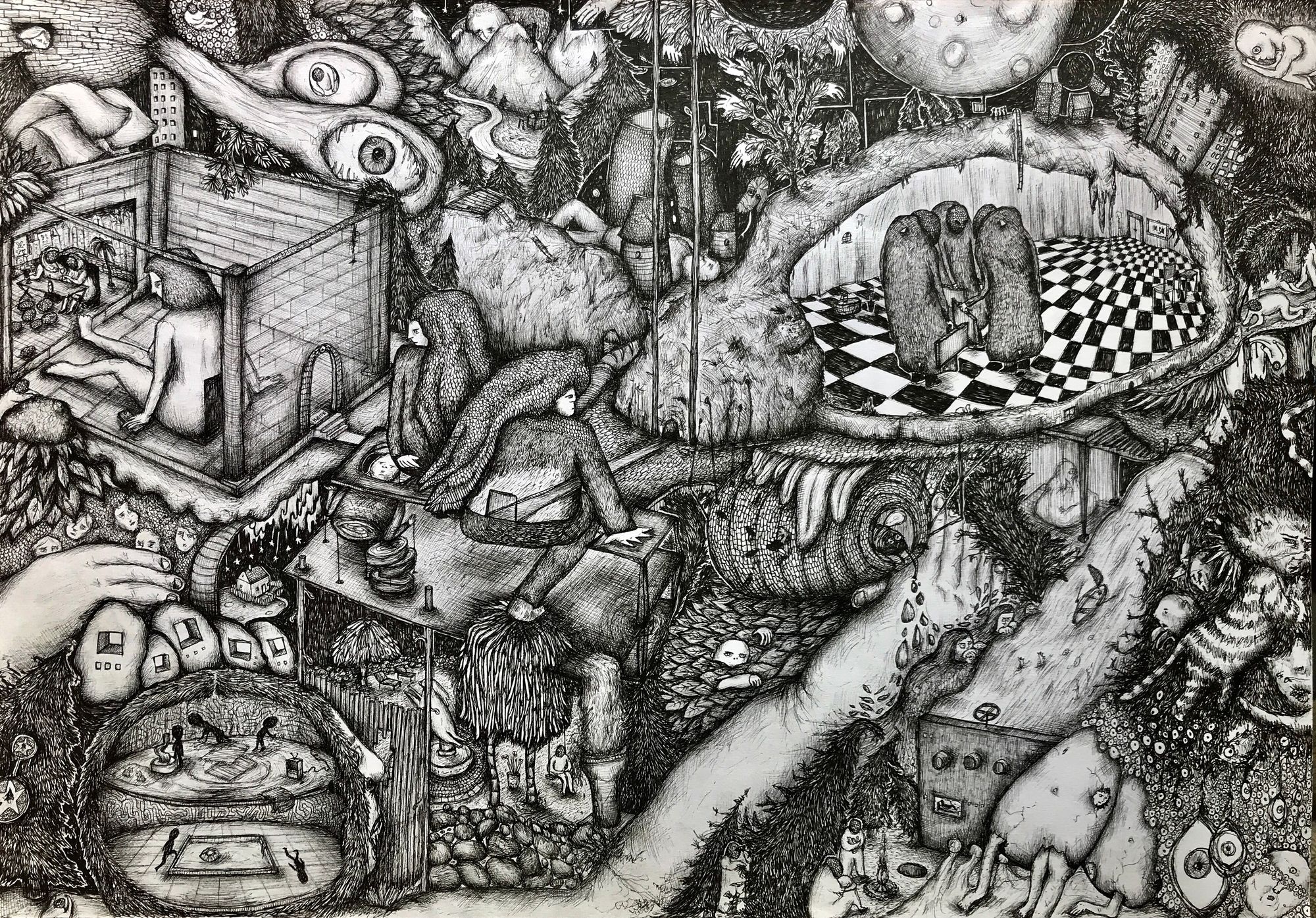 A complex escher-esque pen drawing in black and white of underground characters in strange and grotesque places.