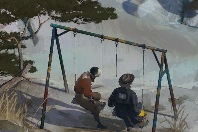 Screenshot of two characters from Disco Elysium sitting on a swing set.