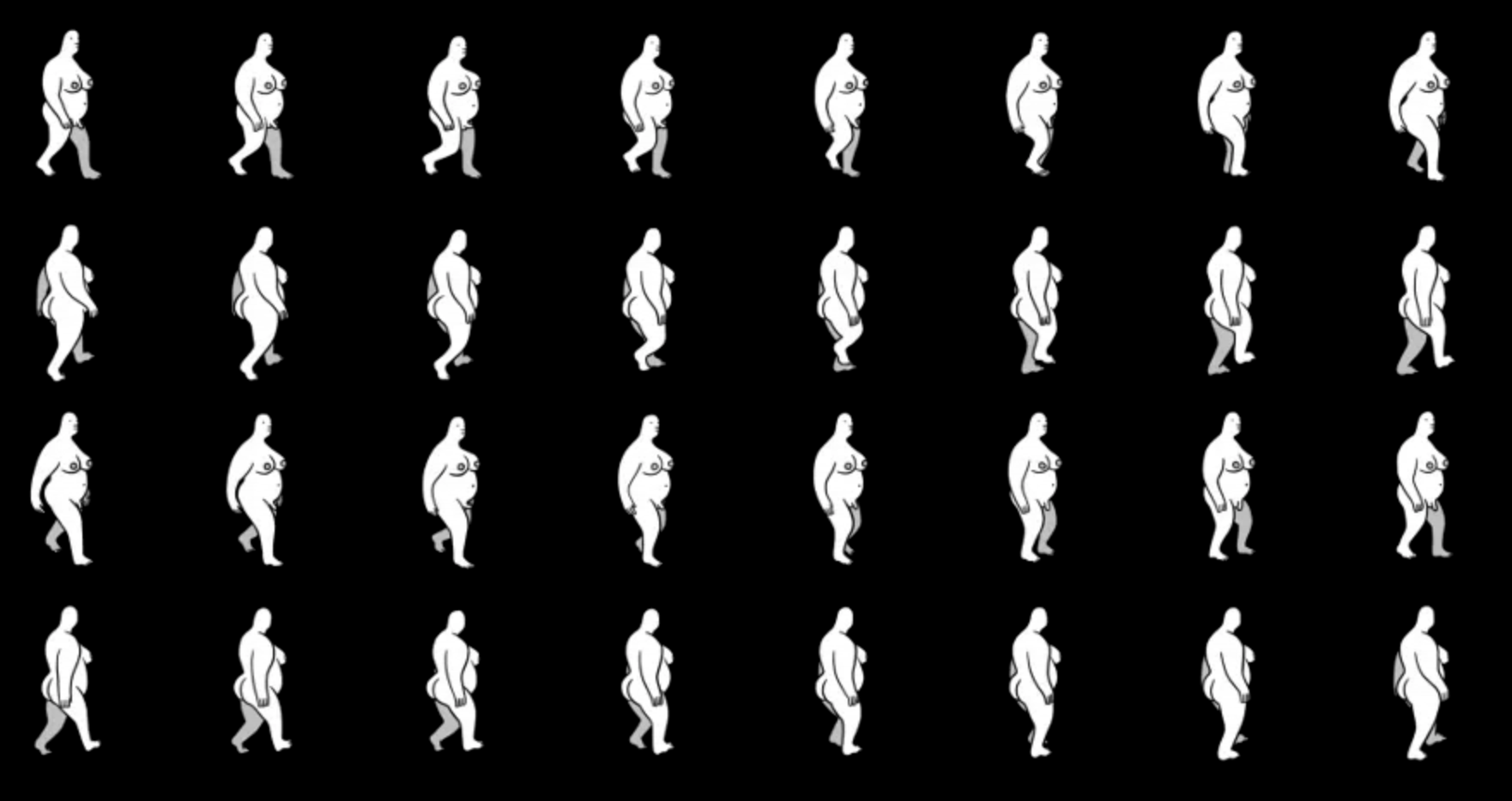 An image of the WIP character generation art from the MIF page on We Dwell in Possibility. It features 36 naked white figures who are lined up with eight of them in each row on a black background.
