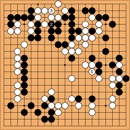 A diagram of a Go board, filled with white and black circular pieces. Annotations highlight three particularly pieces that relate to the controversial move at position Black 121
