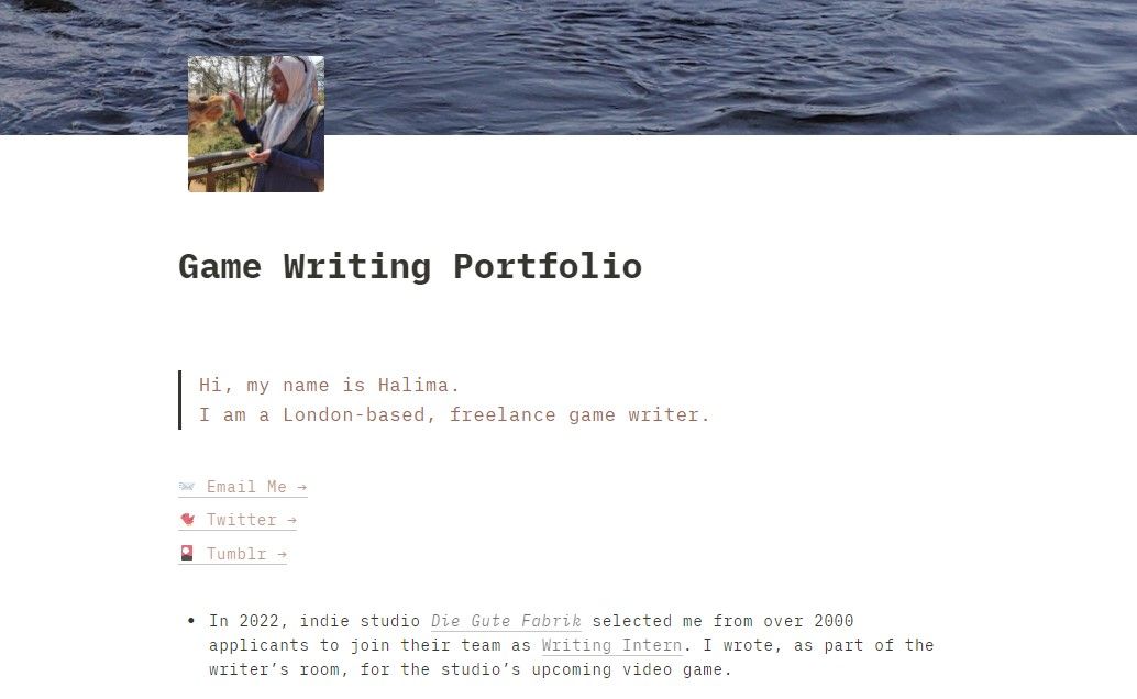 Halima's portfolio presented in a Notion page with a white background. There is an image of Halima in the top left corner and in the background header there is water.