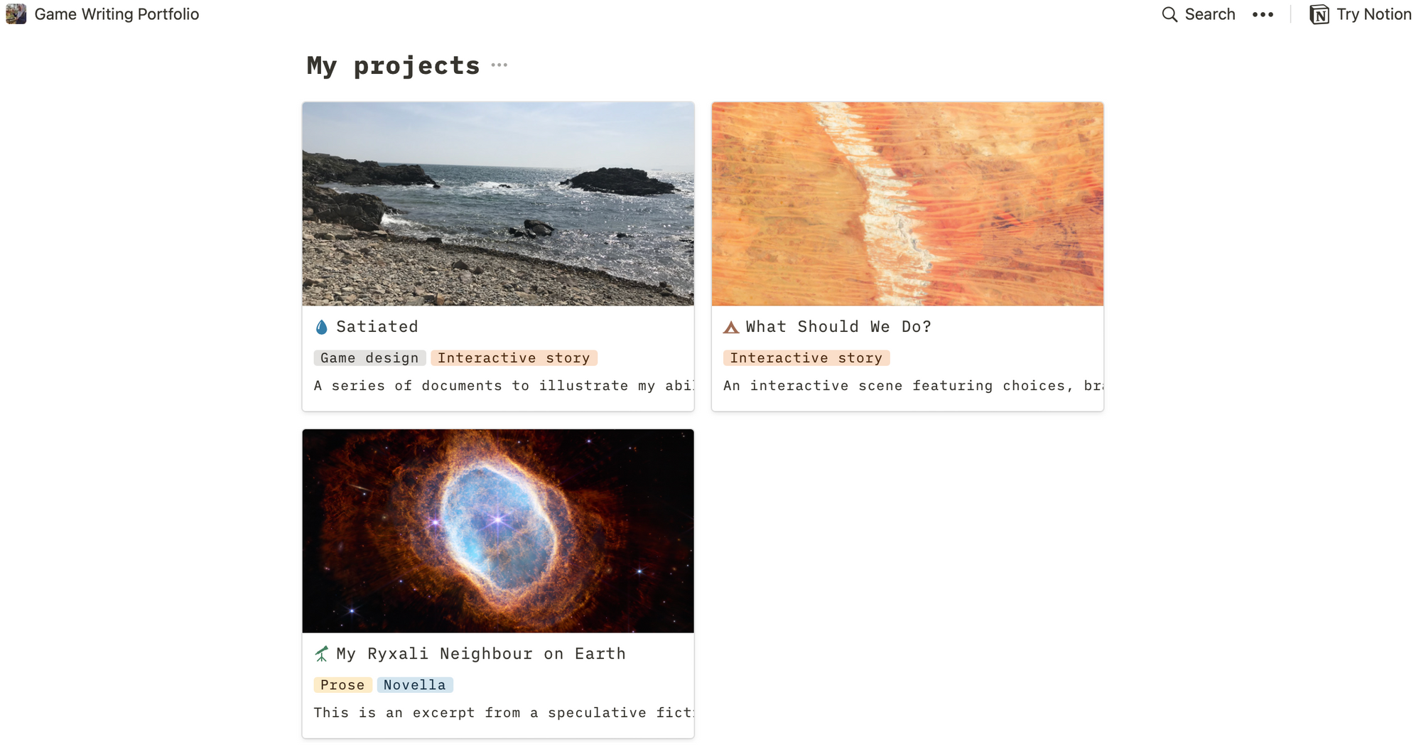 A screenshot from Halima's portfolio of the three pieces she chose to feature in her Notion page. The images, a beach, a desert and a colourful space nebula are sitting on a white background with black text.