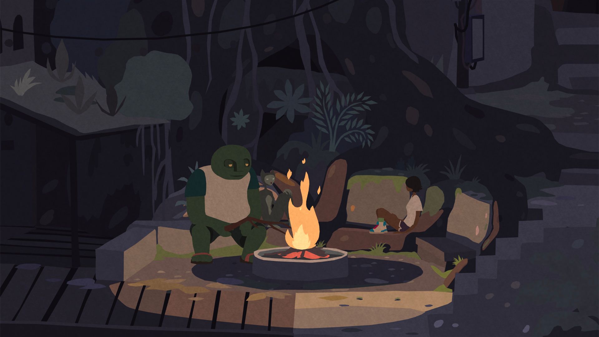 A screen shot from Mutazione of Tung, Miu and Kai sitting around a firepit at night.