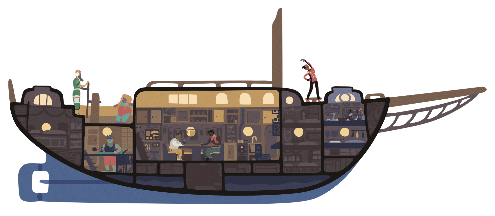 An image of a cross section of the ship De Kelpie, with 6 characters from SALTSEA CHRONICLES positioned variously throughout