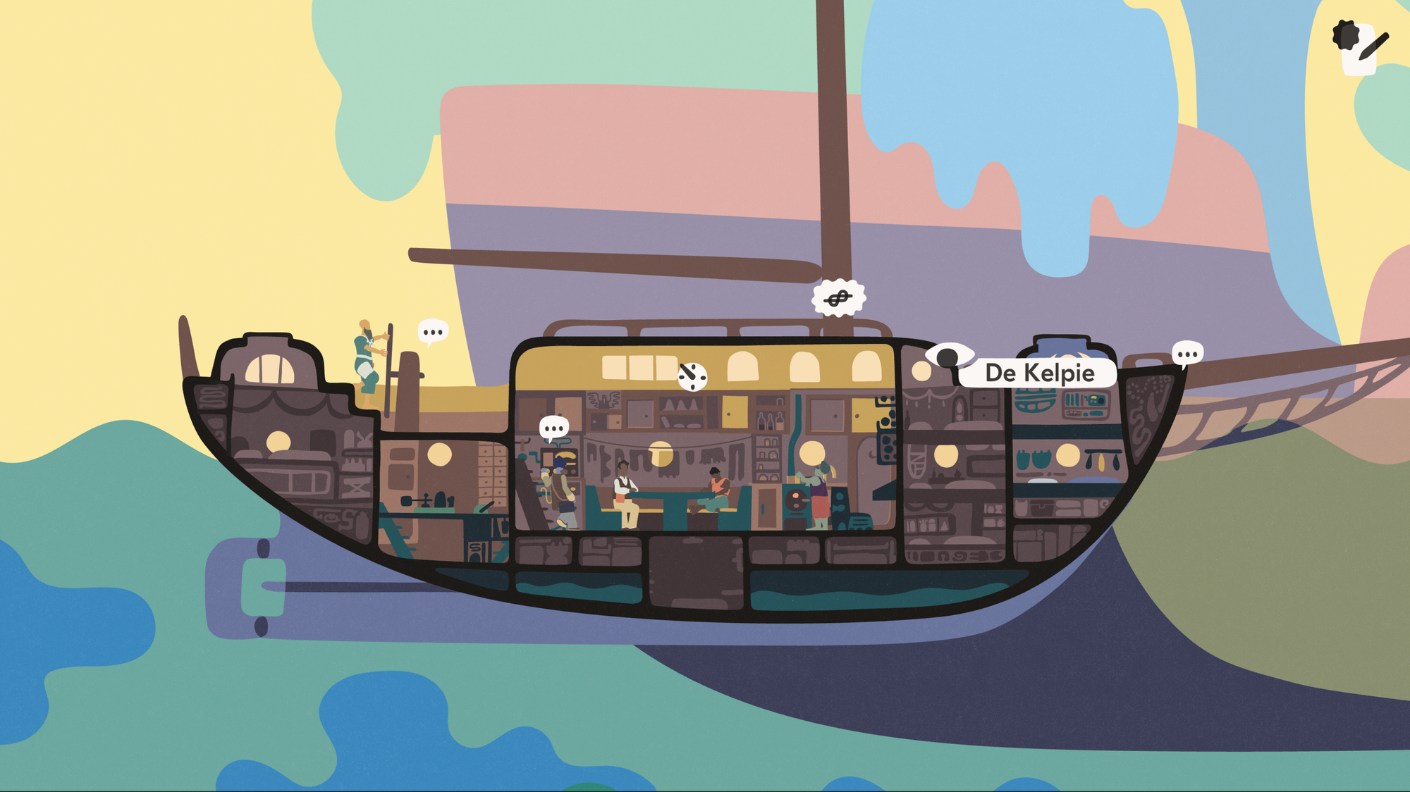 A screenshot of the boat with different icons inviting you to engage with the characters