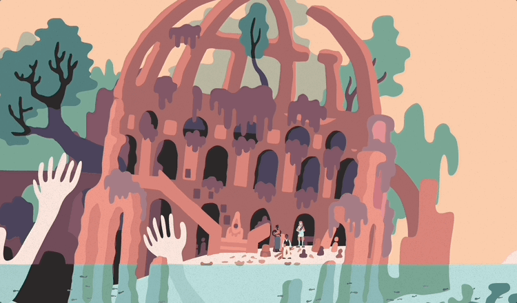 A gif from SALTSEA CHRONICLES which shows a partly submerged grand building, now used as a place of memorial