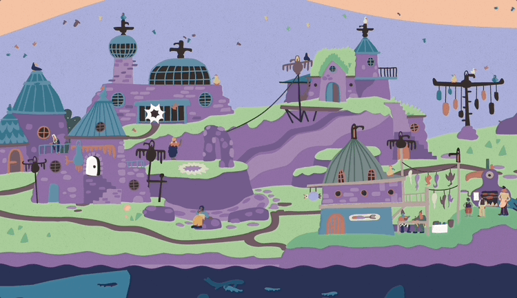 A gif from SALTSEA CHRONICLES which shows a small central community which is centred around a bird-based economy