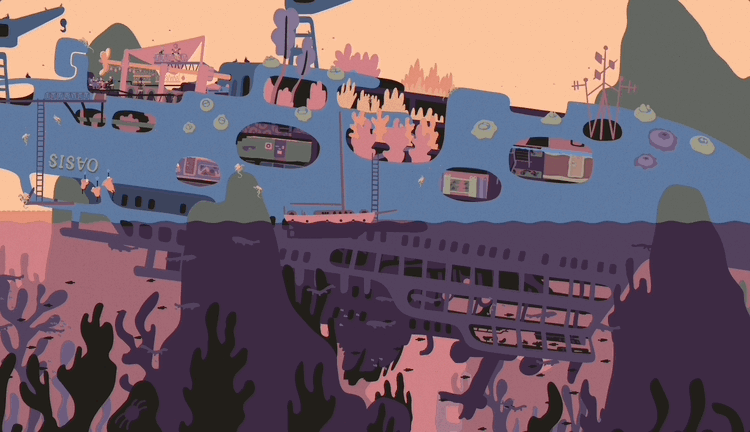 A gif from SALTSEA CHRONICLES which shows an upturned and grounded cruise ship which has been made into a liveable community