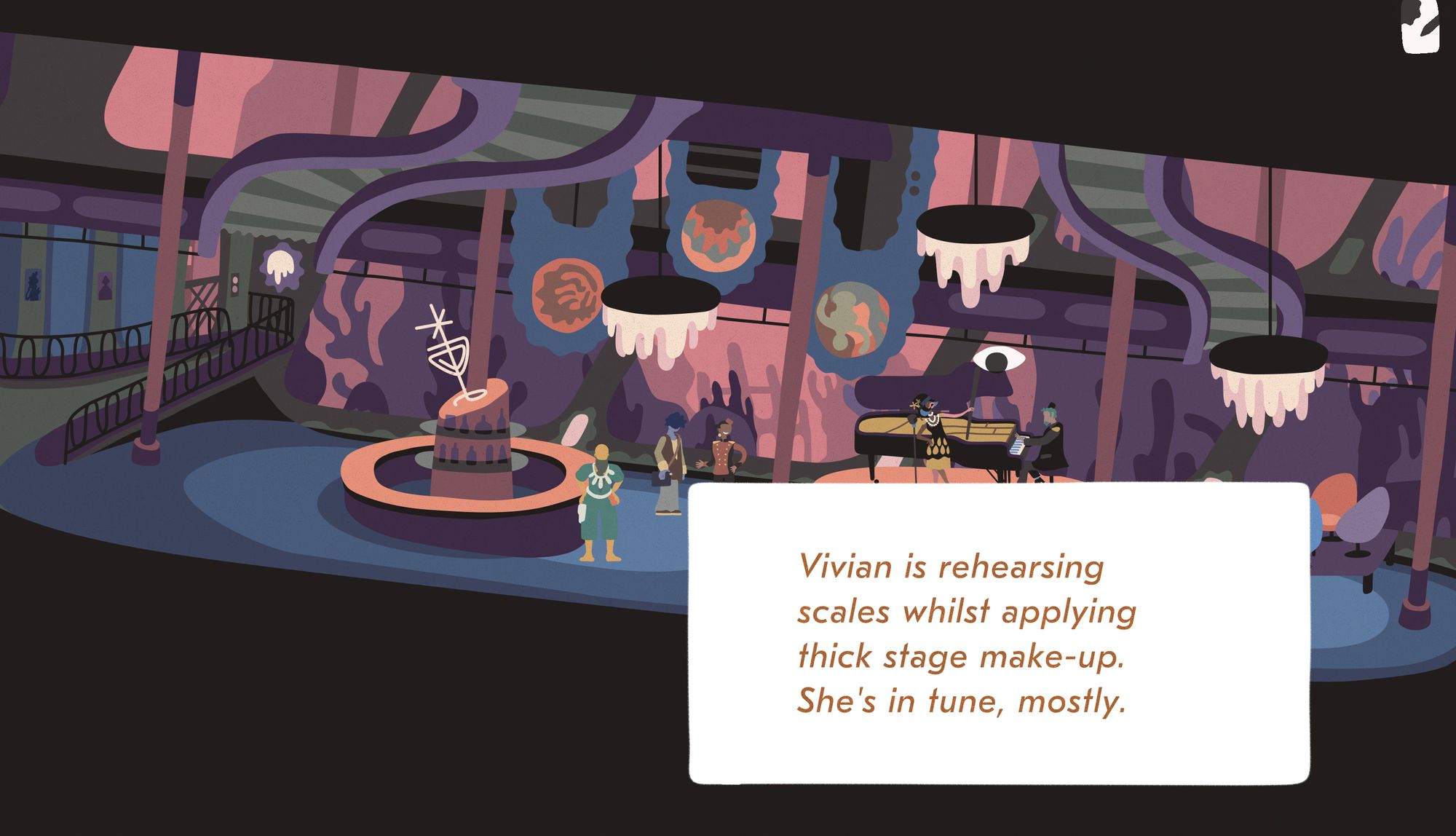 a screenshot of an upside down cruise ship location with the overlaid text on a clear white box which reads "Vivian is rehearsing scales whilst applying thick stage make-up.She's in tune, mostly.