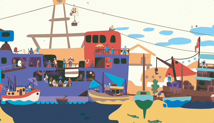 A gif from SALTSEA CHRONICLES which shows a floating community made out of lashed together vessels