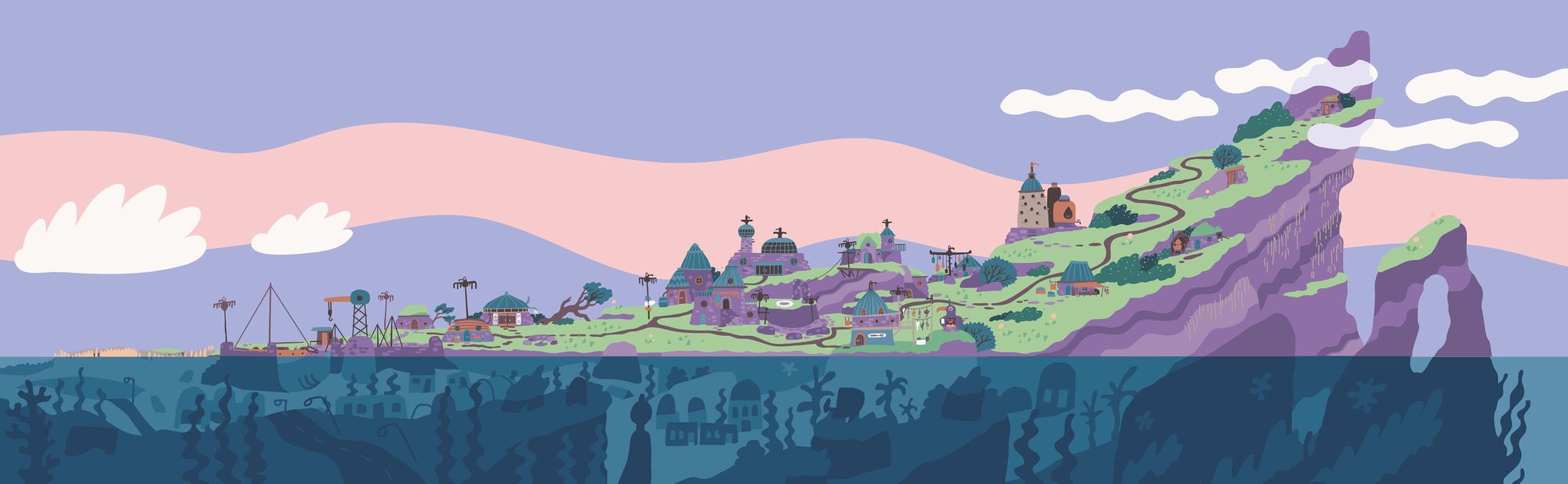 A piece of vector based illustrative-style art which shows an island which rises out of marshes on the left into a tall cliff on the right, with buildings present across.