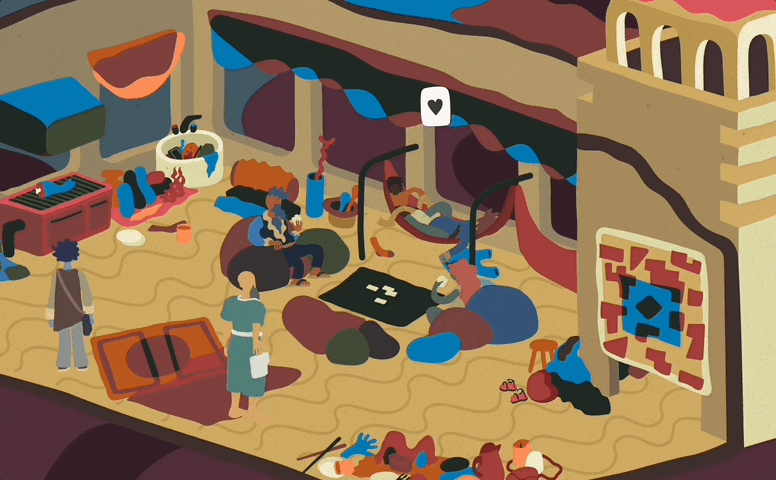 A colourful image from a location in Saltsea Chronicles called Minta. In it, characters are in a building and there are a group of people playing cards.