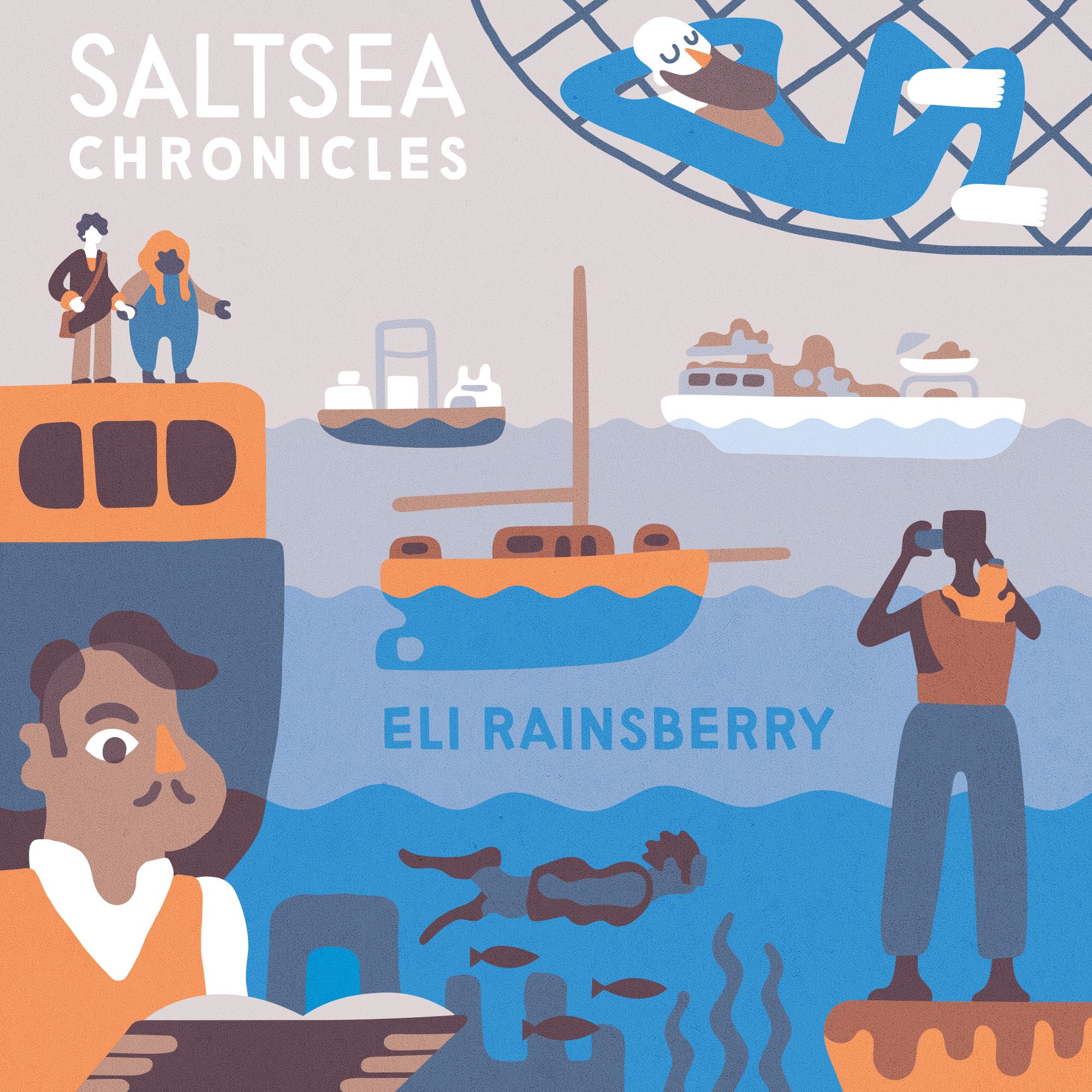 An image of the Saltsea Chronicles album art designed by Nils Deneken featuring characters from the game, above and below water and the text: Saltsea Chronicles, Eli Rainsberry